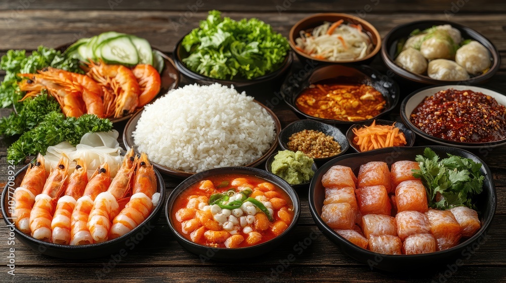A delicious and diverse Asian meal with shrimp, fish, rice, and various sauces. A delicious and diverse Asian meal with shrimp, fish, rice, and various sauces.