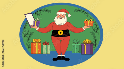 Santa Claus holding gifts surrounded by presents green background festive scene colorful design holiday theme