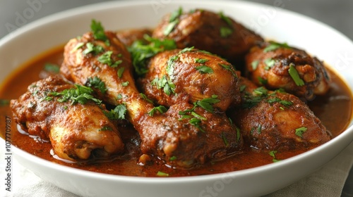 Close-up of a bowl of chicken stew with parsley garnish.