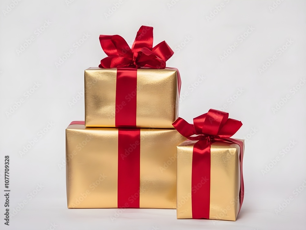 Golden Gifts and Gift Boxes with Red Ribbon Wrapping, Elegant Holiday or Celebration Presents with Festive Wrapping and Ribbon Accents Golden Gifts and Gift Boxes with Red Ribbon Wrapping, Elegant Holiday or Celebration Presents with Festive Wrapping and Ribbon Accents