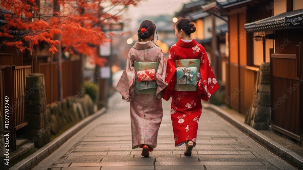 Fototapeta premium Two Women in Kimono Walking Through a Japanese Street