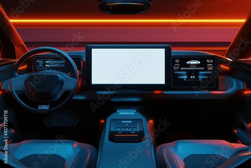Futuristic car interior featuring a large display and illuminated accents.
