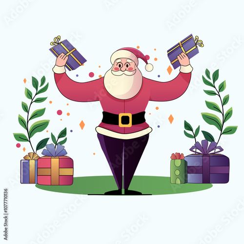 Santa Claus holding gifts festive scene colorful presents greenery cheerful holiday theme digital art