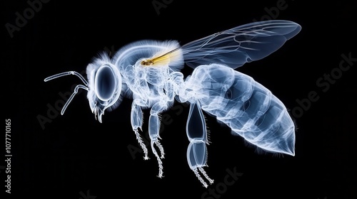 An x-ray image of a bee, showcasing its intricate internal structures against a dark background.