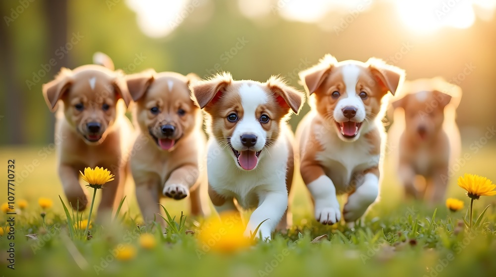 A group of puppies running through a field of flowers A group of puppies running through a field of flowers