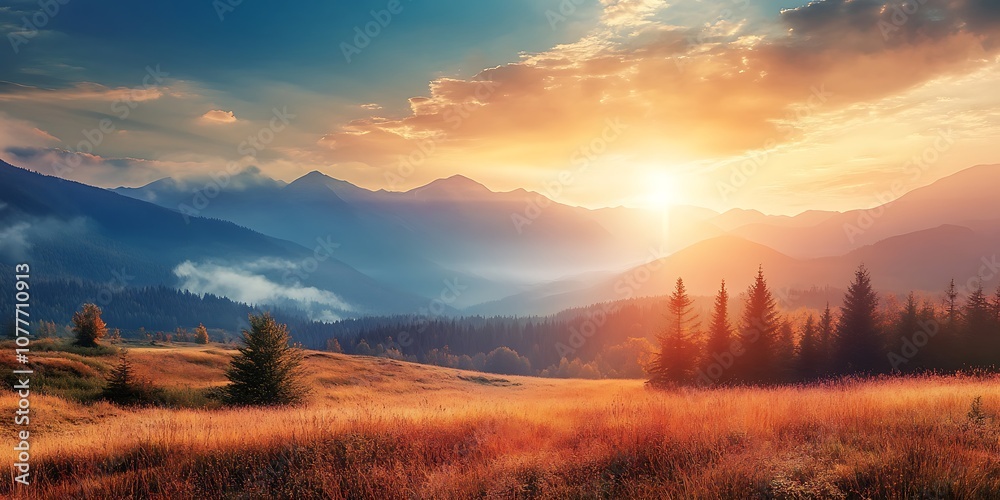 Obraz premium Golden Sunrise Over Mountain Range With Fog And Forest