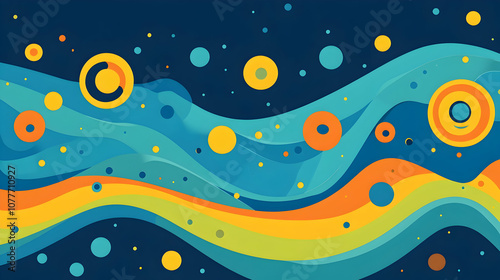 Abstract blue, yellow and orange wave pattern with scattered circles.