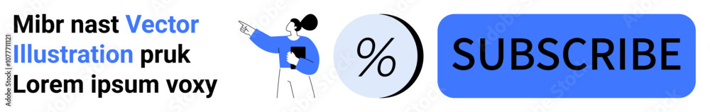 Blue subscribe button next to woman holding clipboard and pointing, percent sign in circle. Ideal for newsletters, promotions, e-commerce, educational content, marketing banners, call-to-action Blue subscribe button next to woman holding clipboard and pointing, percent sign in circle. Ideal for newsletters, promotions, e-commerce, educational content, marketing banners, call-to-action