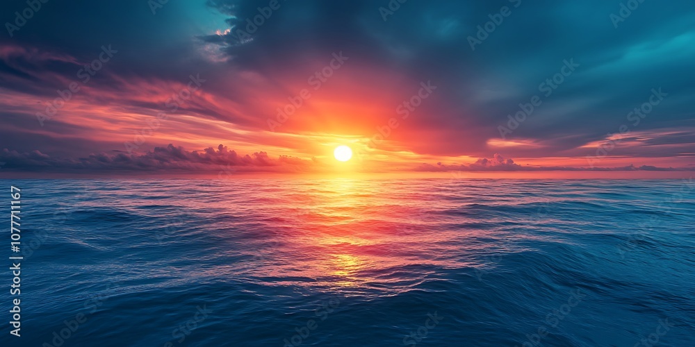 Obraz premium Vibrant Sunset Over the Ocean with Dramatic Sky