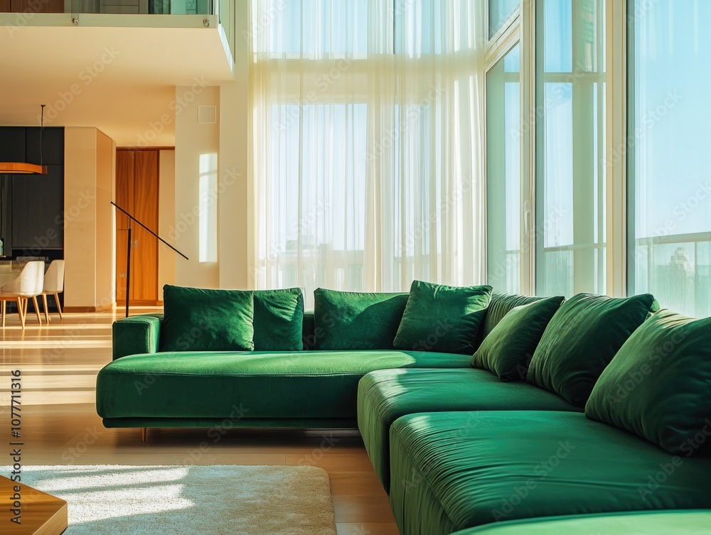 Fototapeta premium Contemporary Living Room with Green Sofa and Open Concept Floor Plan