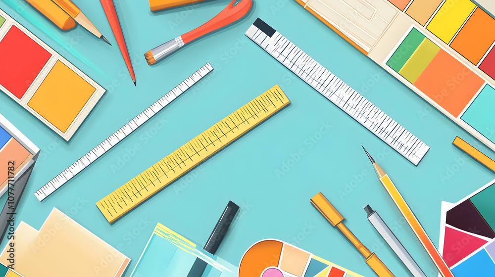 Flat lay of art supplies on a blue background.