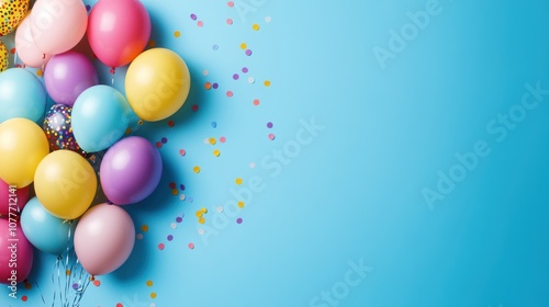 Colorful balloons and confetti on a blue background with copy space.