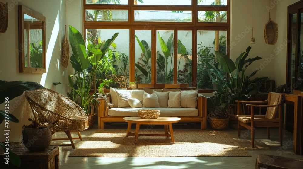 Fototapeta premium A light-filled living room with a comfortable sofa, wicker chairs, and a woven rug, accented by potted plants and a wooden coffee table.