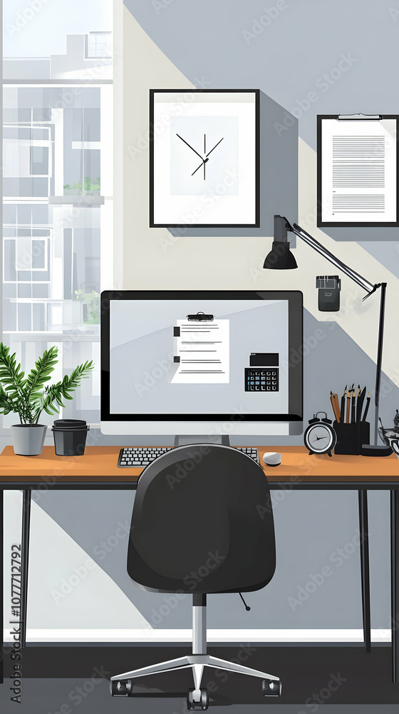 Modern home office with computer, desk, chair, and plants. Modern home office with computer, desk, chair, and plants.