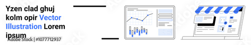 Business analytics page with charts and graphs on a screen, and an online store interface with a storefront, product details, and cart. Ideal for data analysis, e-commerce, marketing, technology
