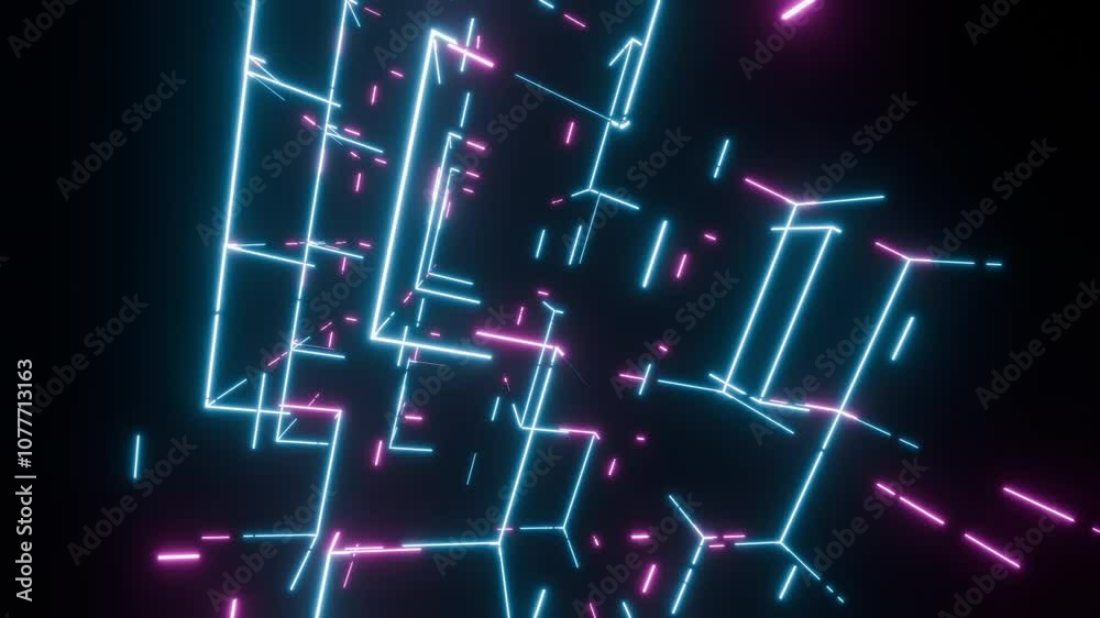 Abstract blue neon laser line pattern on a dark black background with ...
