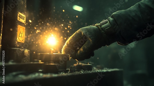 A close-up of a gloved hand reaching for a control in a snowy, dimly lit environment, highlighting a glowing light and an atmosphere of mystery.