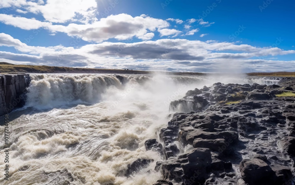 Fototapeta premium A stunning waterfall cascades over rocky terrain under a bright blue sky with fluffy clouds.