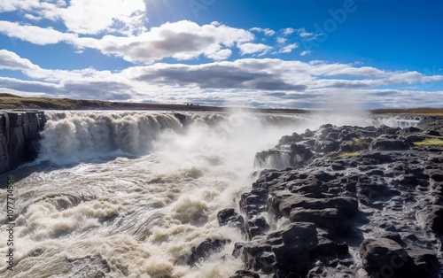 Wallpaper Mural A stunning waterfall cascades over rocky terrain under a bright blue sky with fluffy clouds. Torontodigital.ca