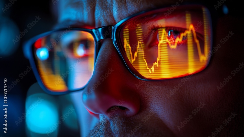 Stock market traders focus on investing in charts and financial graphs, with stock market trends and charts reflected in glasses, symbolizing the complexity and dynamism of financial analysis. Stock market traders focus on investing in charts and financial graphs, with stock market trends and charts reflected in glasses, symbolizing the complexity and dynamism of financial analysis.