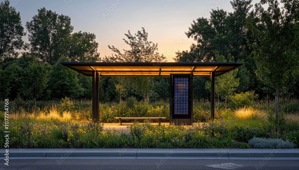 A modern bus stop shelter with a bench and a lit sign, surrounded by lush greenery at dusk. A modern bus stop shelter with a bench and a lit sign, surrounded by lush greenery at dusk.