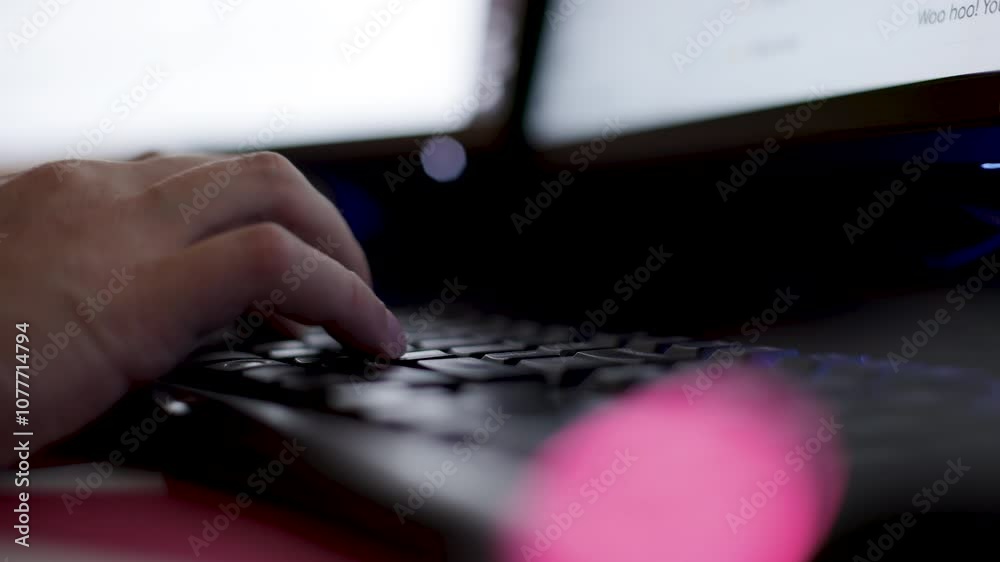 Hacker typing on computer keyboard in dark room 4k
