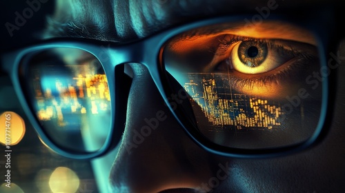 Stock market traders focus on investing in charts and financial graphs, with stock market trends and charts reflected in glasses, symbolizing the complexity and dynamism of financial analysis.