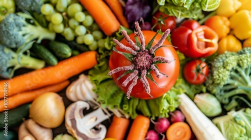 Close-up of fresh vegetables with a single rottentomato in the center, symbolizing foodcontamination. The background is blurred to focuson the contaminated item,  photo