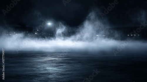 Dark eerie scene foggy landscape night fog billowing A mysterious and dramatic