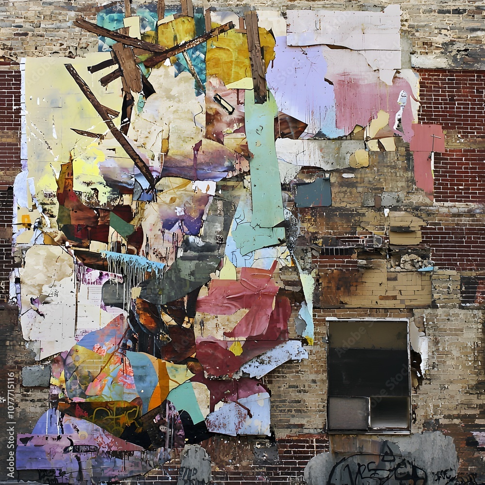 Fototapeta premium Massive Mural on Old Brick Building Blending Abstract Art and Realistic Elements