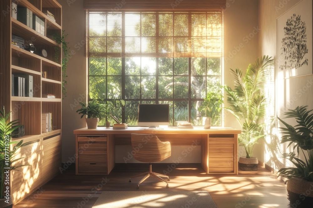 Fototapeta premium A modern home office with a large window, wooden desk, and plants, with natural light streaming in.