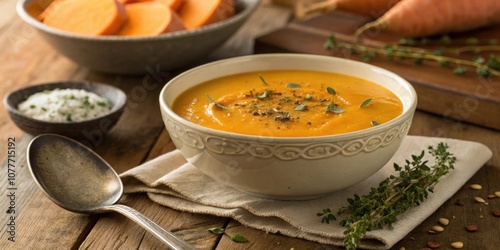 A steaming bowl of sweet potato soup garnished with a sprinkle of herbs set on a vintage table with a s resting nearby. photo