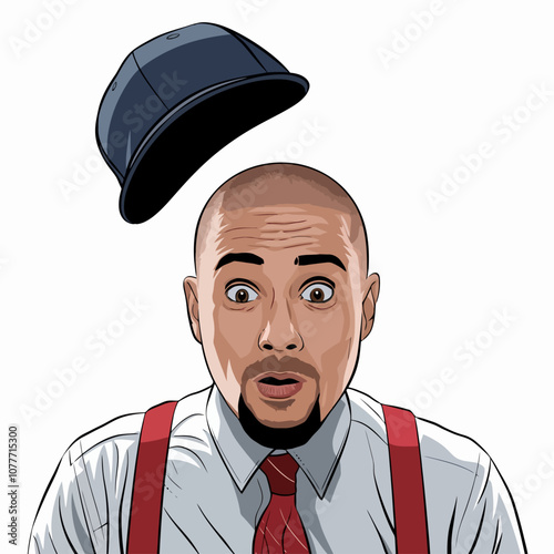 Surprised man with floating hat in mid-air.