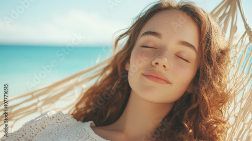 Relaxed young woman enjoying sunny day on beach, with closed eyes and serene expression, surrounded by hammock and ocean backdrop