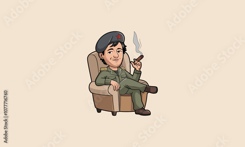 Man in military attire sitting relaxed in an armchair.