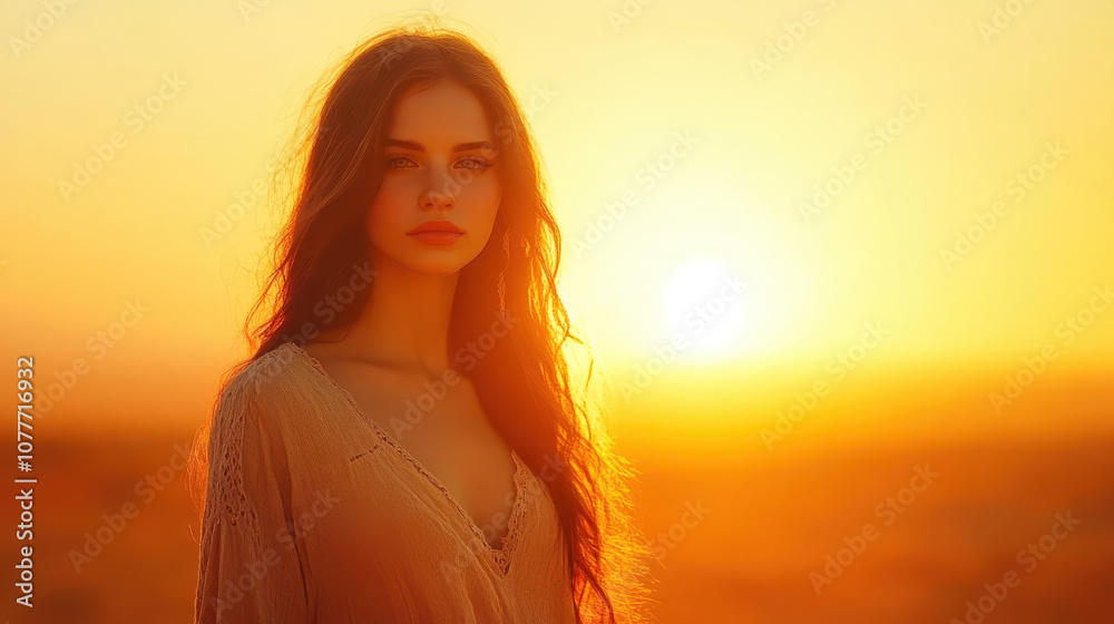 Fototapeta premium young woman with long hair stands against vibrant sunset, radiating warmth and serenity. golden hues create dreamy atmosphere