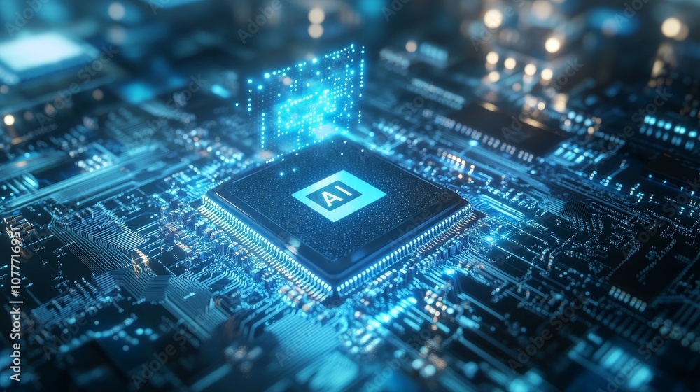 High-Resolution 3D Illustration of AI Chip with Holographic Text in Blue Color Scheme, Featuring Advanced Technology Elements and Cinematic Style for Futuristic Tech Design High-Resolution 3D Illustration of AI Chip with Holographic Text in Blue Color Scheme, Featuring Advanced Technology Elements and Cinematic Style for Futuristic Tech Design