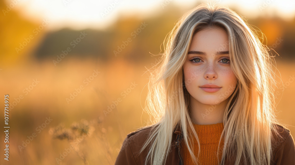 young woman with long blonde hair stands in sunlit field during autumn, showcasing serene expression. warm colors of season enhance peaceful atmosphere