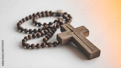 Wooden Christian cross necklace isolated on white background close-up