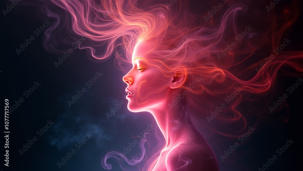 A mesmerizing lady form as an interplay of light and shadow shades of pink, cyan and orange patterns of light create an ethereal nebulous A mesmerizing lady form as an interplay of light and shadow shades of pink, cyan and orange patterns of light create an ethereal nebulous