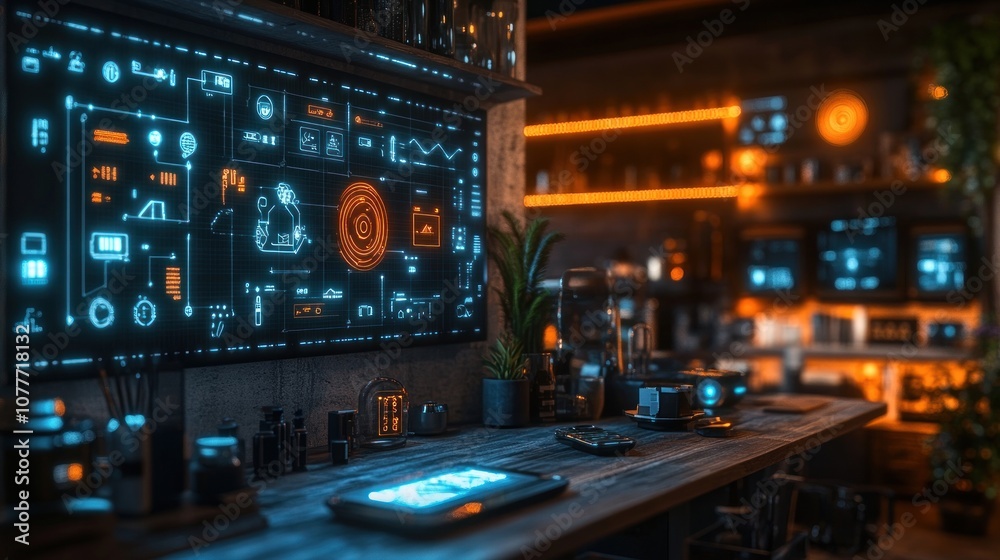 Futuristic workspace with glowing interfaces and tech equipment. Futuristic workspace with glowing interfaces and tech equipment.