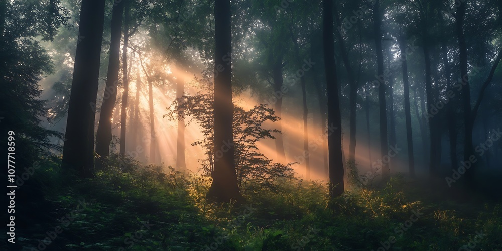 Golden Sunlight Rays Streaming Through Foggy Forest Golden Sunlight Rays Streaming Through Foggy Forest