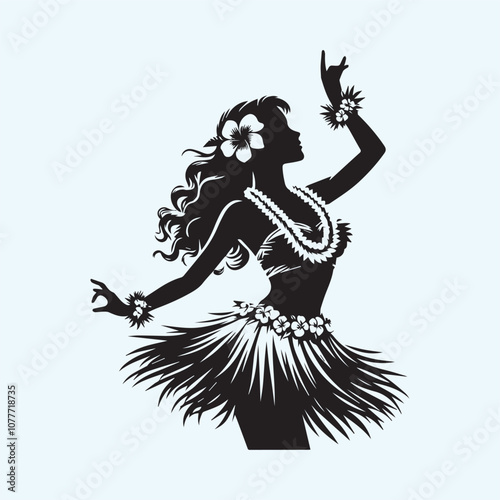 Beautiful Hawaiian young woman dancing vector  illustration, Beautiful Hawaiian young woman dancing silhouette vector black and white full body