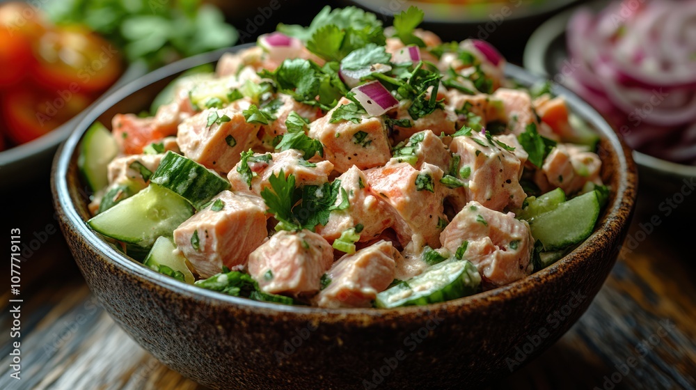 Fresh salmon salad with cucumber and red onion in a wooden bowl.