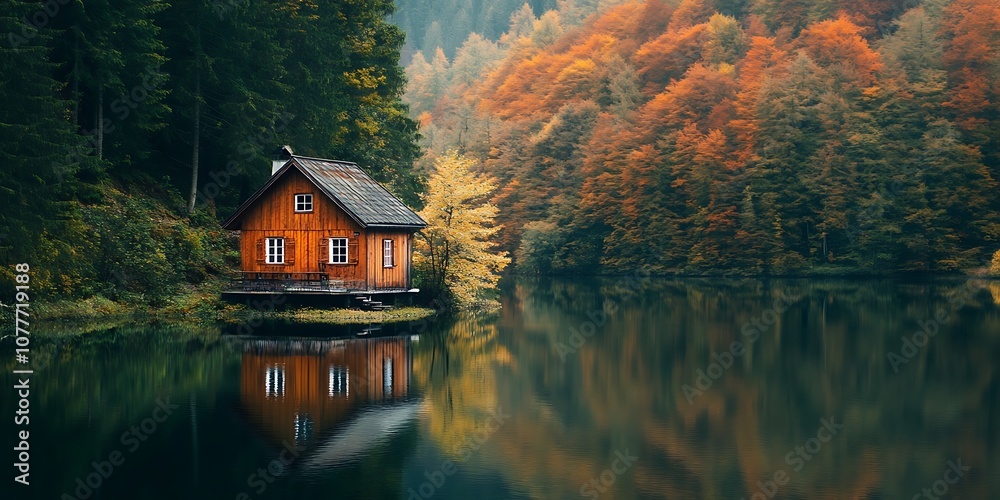 Fototapeta premium Cabin by a lake in the autumn forest with reflection