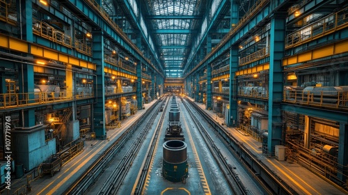 Industrial interior with machinery and overhead lighting.