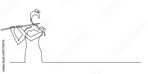 continuous line drawing of female musician playing the flute.one line drawing of woman orchestra flute player.single line music orchestra performance.isolated white background