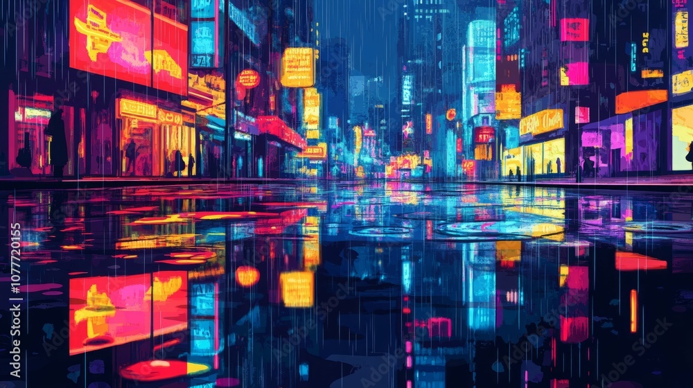 Obraz premium Neon city lights reflect in a rain-slicked street.