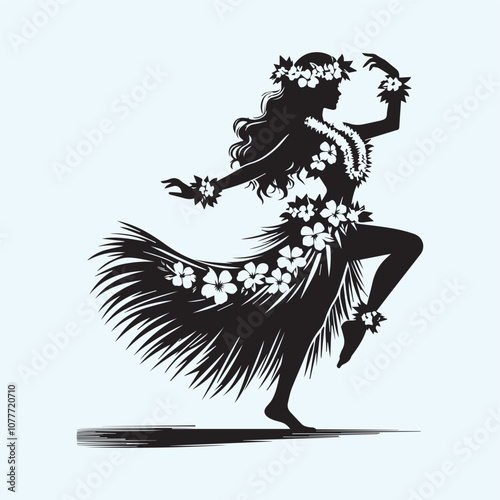 Beautiful Hawaiian young woman dancing vector  illustration, Beautiful Hawaiian young woman dancing silhouette vector black and white full body