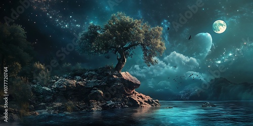 Fantasy night landscape with tree, lake, moon and stars photo